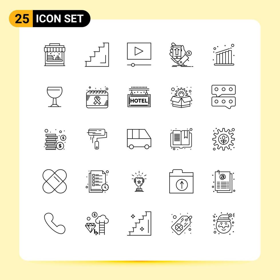 25 ícones criativos, sinais e símbolos modernos de crescimento, moeda, cinema, mão, smartphone, elementos de design vetorial editáveis vetor