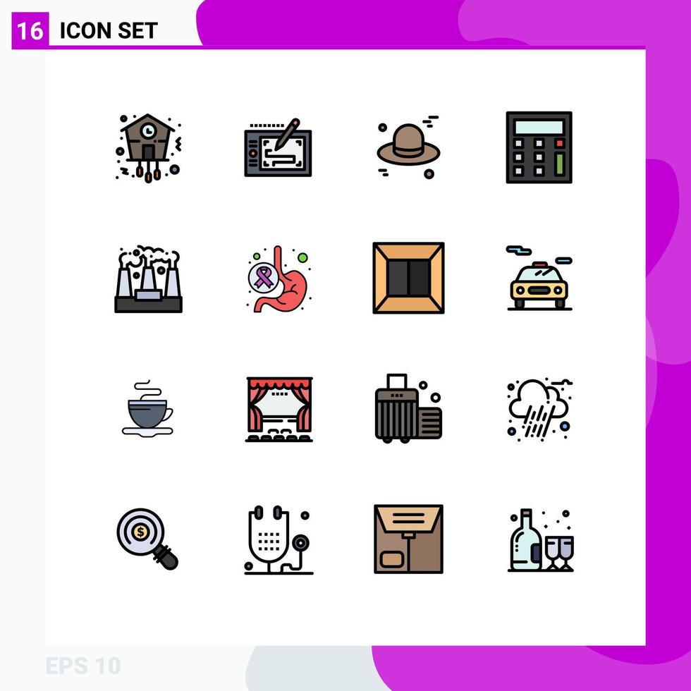 pacote de 16 sinais e símbolos modernos de linhas cheias de cores planas para mídia impressa na web, como matemática de layout de fábrica de produção, cálculo de elementos de design de vetores criativos editáveis