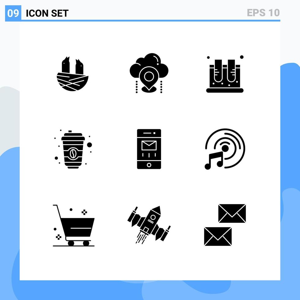 pacote de 9 sinais e símbolos de glifos sólidos modernos para mídia impressa na web, como envelopes xícara gps café ciência editável elementos de design vetorial vetor