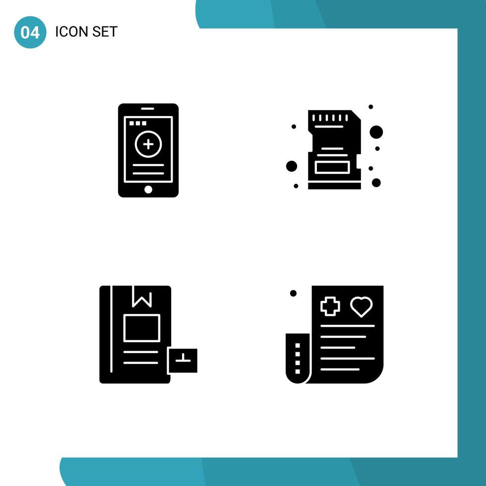 conjunto de glifos sólidos de interface móvel de 4 pictogramas de elementos de design de vetores editáveis de conhecimento médico e hospitalar sd