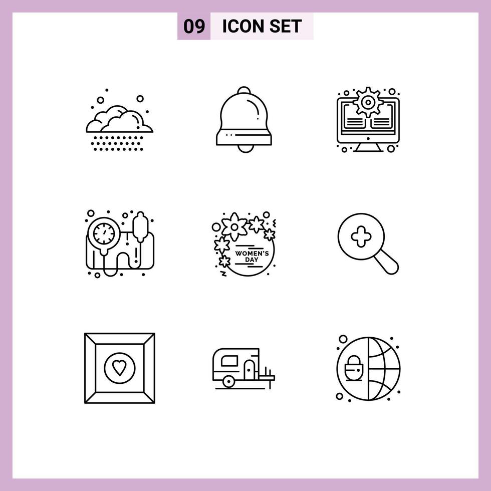 9 ícones criativos, sinais e símbolos modernos de mulheres, monitores de flores, dia, bp gauge, elementos de design de vetores editáveis