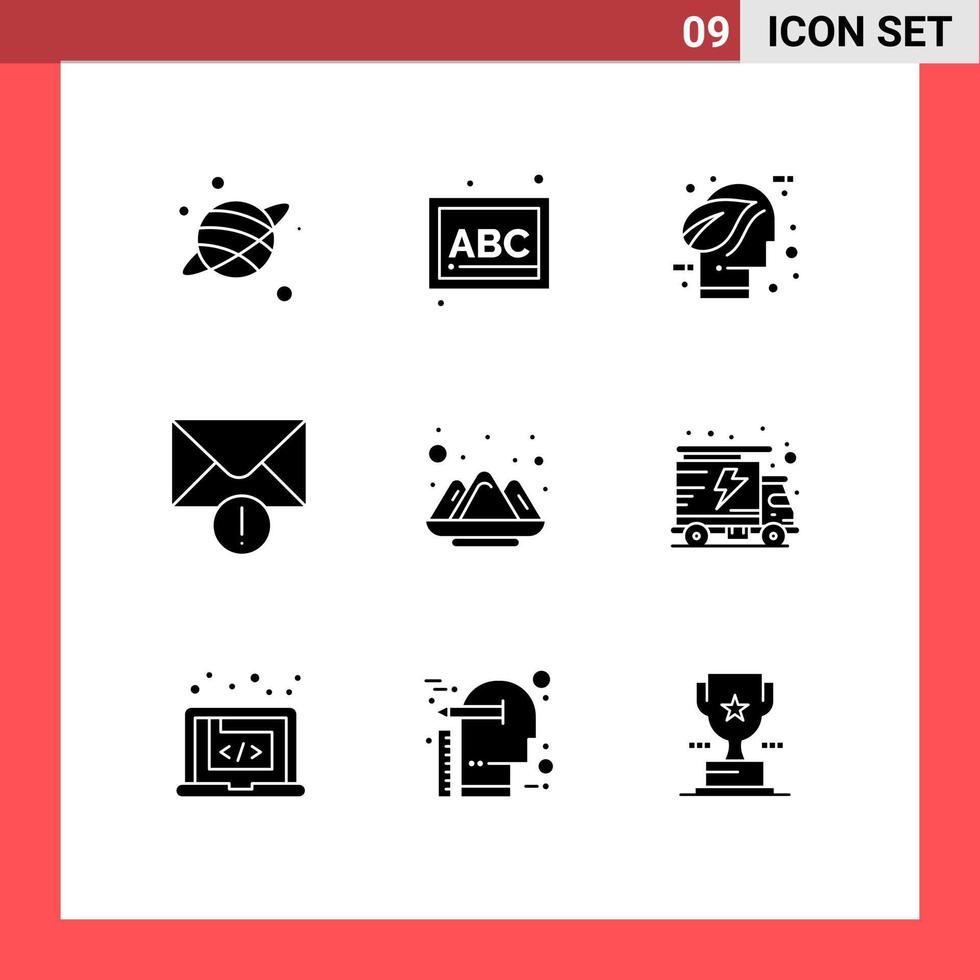 grupo de 9 glifos sólidos modernos definidos para alerta de mensagem de ecologia de cores da índia elementos de design de vetores editáveis