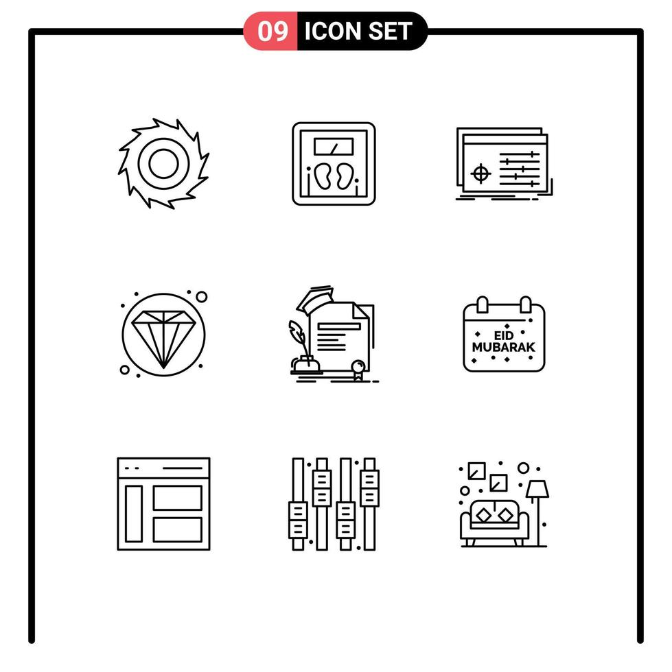 conjunto de 9 sinais de símbolos de ícones de interface do usuário modernos para certificado de educação objeto diamante seo elementos de design de vetores editáveis