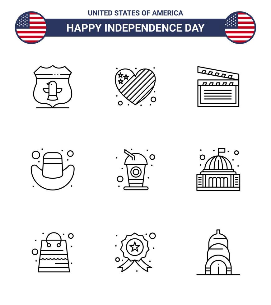feliz dia da independência pacote de 9 linhas sinais e símbolos para garrafa de bebida chapéu americano americano editável elementos de design de vetor de dia dos eua