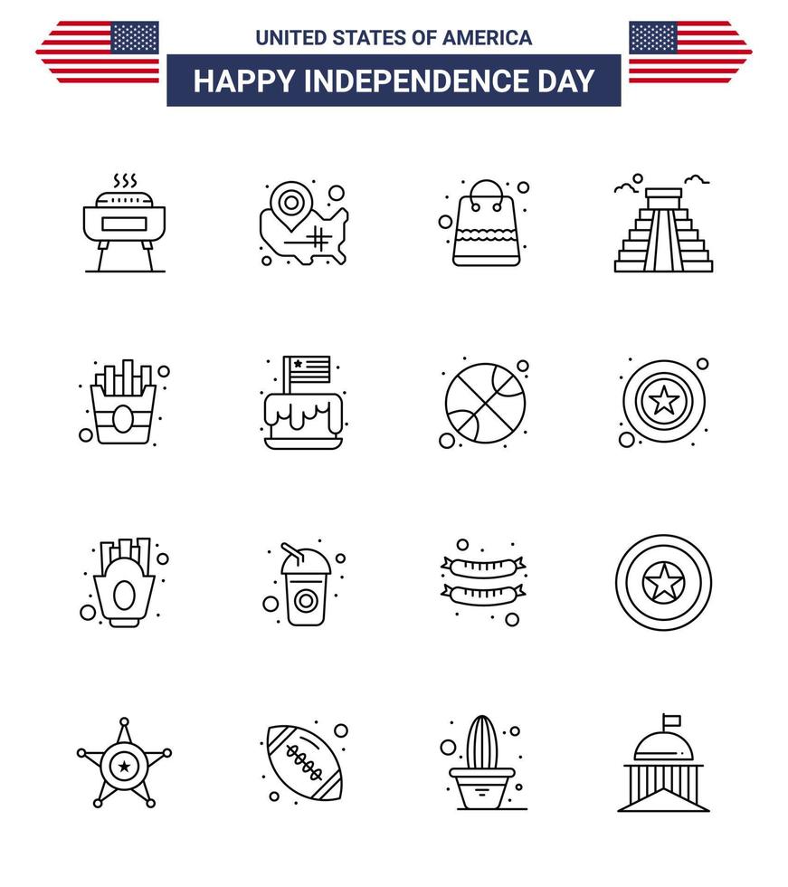 feliz dia da independência pacote de ícones de 16 linhas para web e impressão rápida localização americana pin marco loja editável dia dos eua elementos de design vetorial vetor