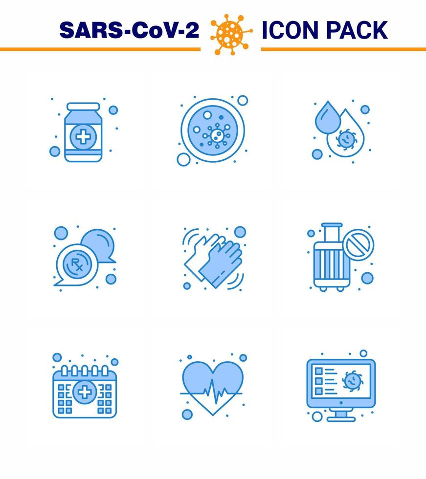 conjunto de ícones de prevenção de coronavírus 9 ícone azul, como plaquetas médicas, febre, germes, vírus no sangue, coronavírus viral, doença de 2019nov, elementos de design vetorial vetor