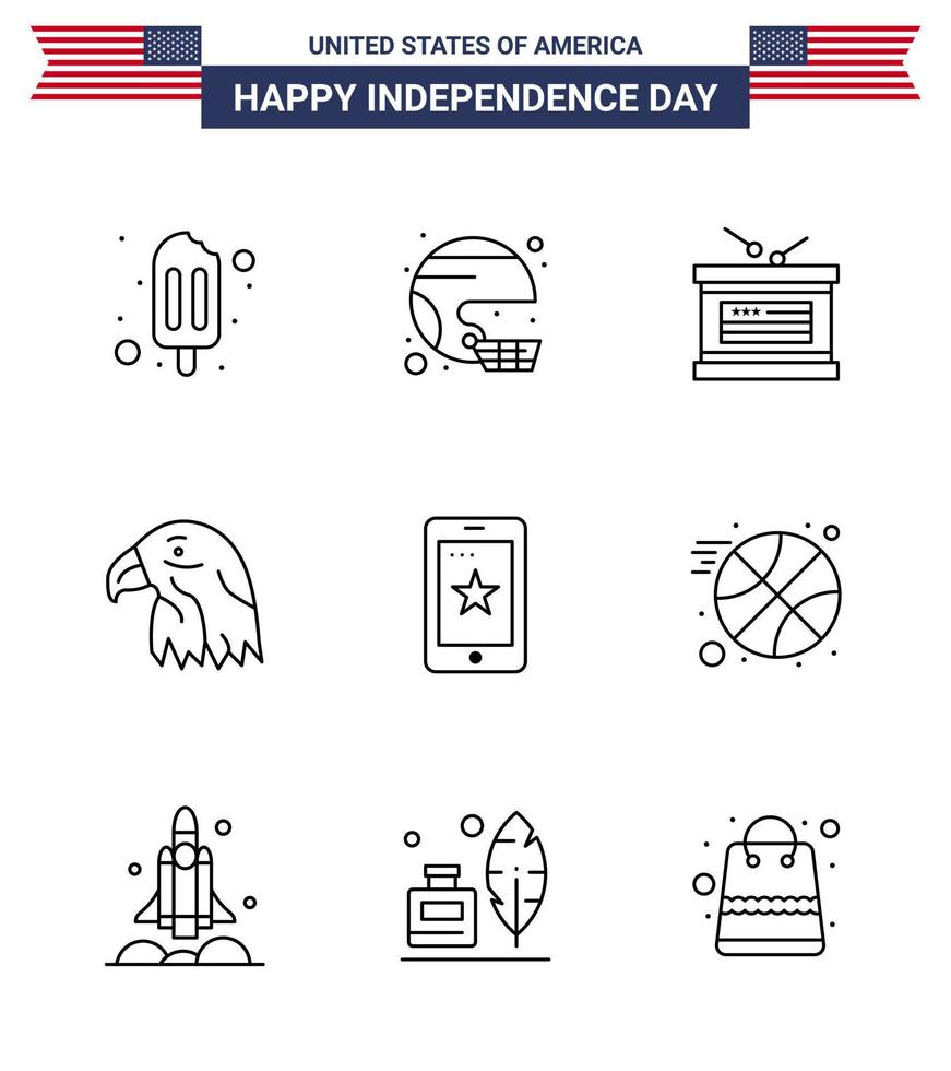 feliz dia da independência pacote de 9 linhas sinais e símbolos para mobile eagle united bird dia da independência editável eua dia vetor elementos de design