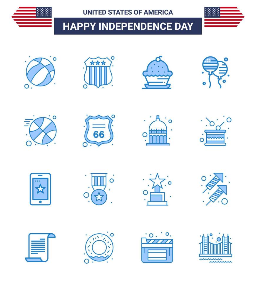 4 de julho eua feliz dia da independência ícone símbolos grupo de 16 azuis modernos de bola sobremesa americana voar bloon editável dia dos eua vetor elementos de design