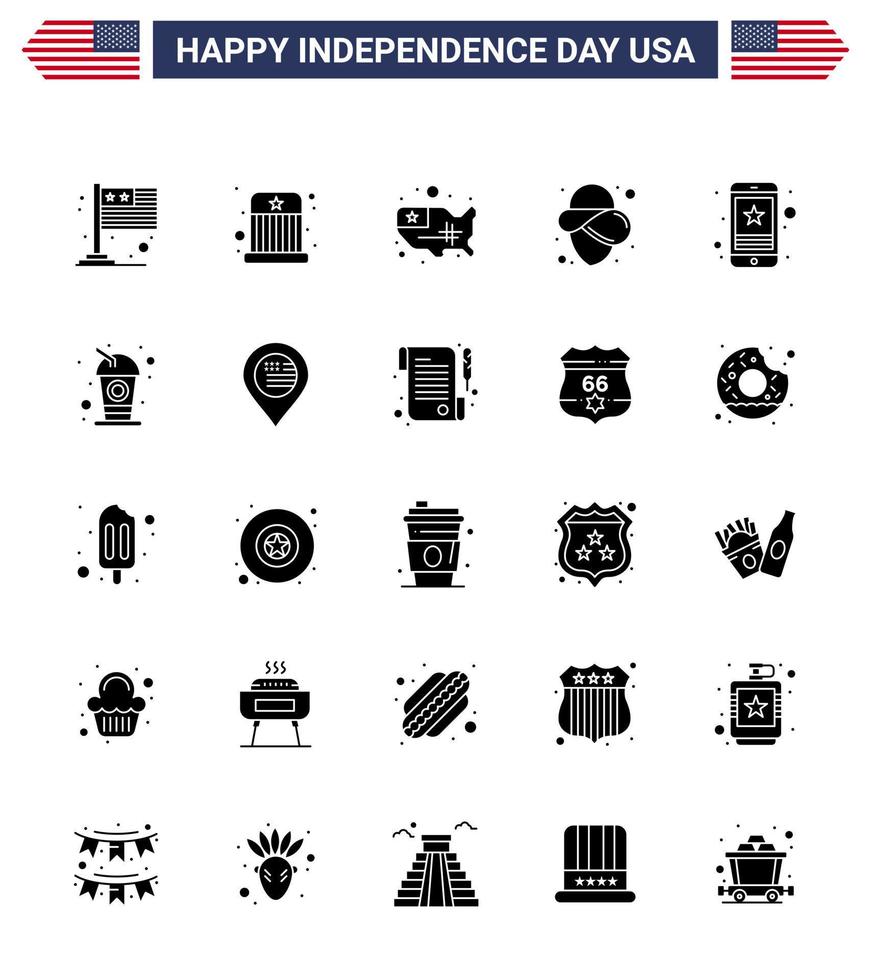 conjunto de 25 ícones do dia dos eua símbolos americanos sinais do dia da independência para telefone inteligente mapa celular chapéu eua editável dia dos eua vetor elementos de design