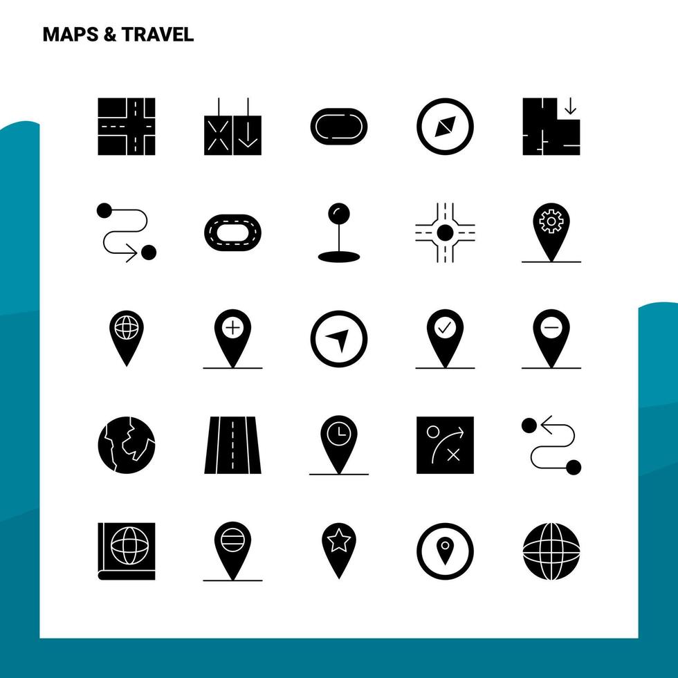 Conjunto de ícones de viagem de 25 mapas modelo de ilustração vetorial de ícone de glifo sólido para web e ideias móveis para empresa de negócios vetor