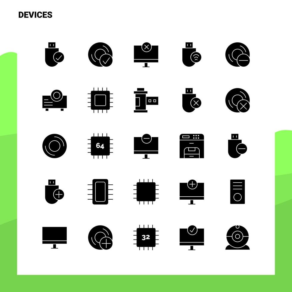 conjunto de ícones de 25 dispositivos modelo de ilustração vetorial de ícone de glifo sólido para web e ideias móveis para empresa de negócios vetor