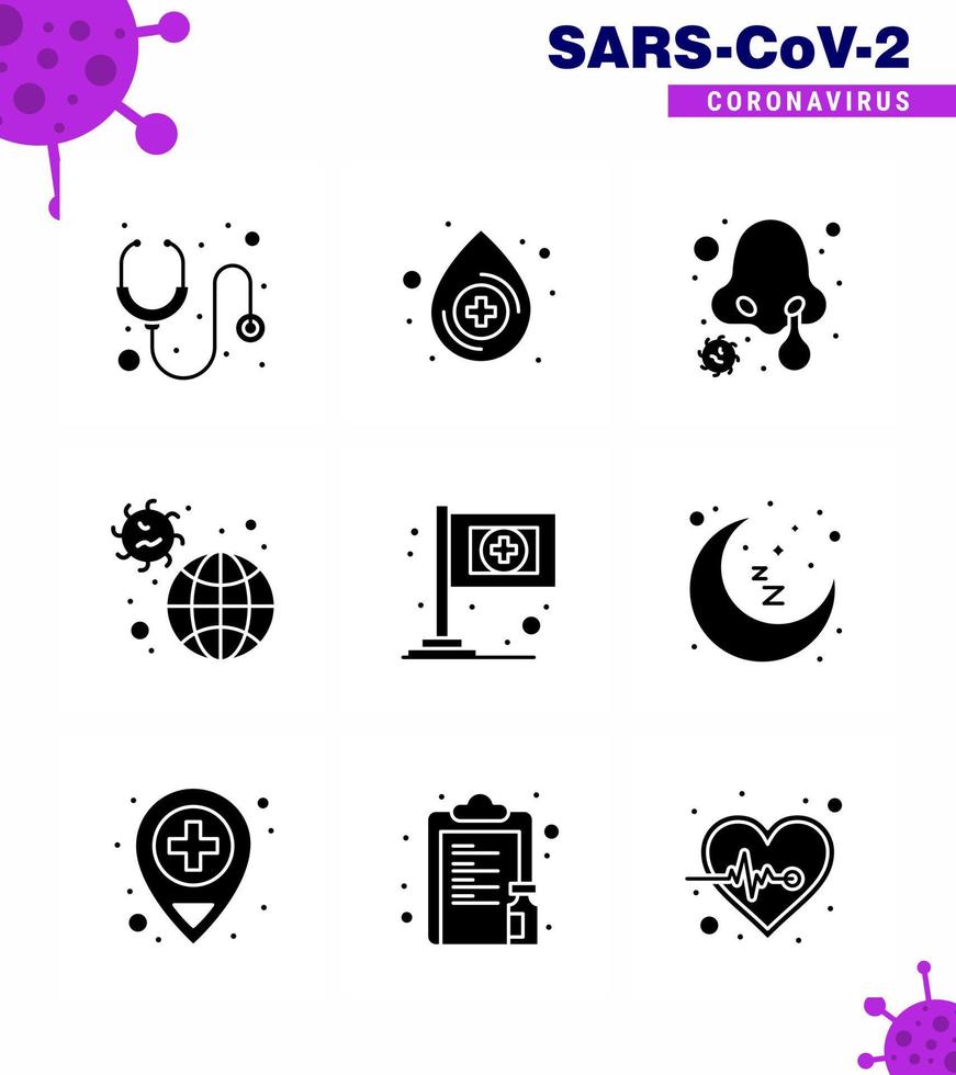 9 pacote de ícones de vírus viral preto de glifo sólido, como bandeira, doença de vírus, incidente pandêmico, coronavírus viral, doença de 2019nov, elementos de design de vetor