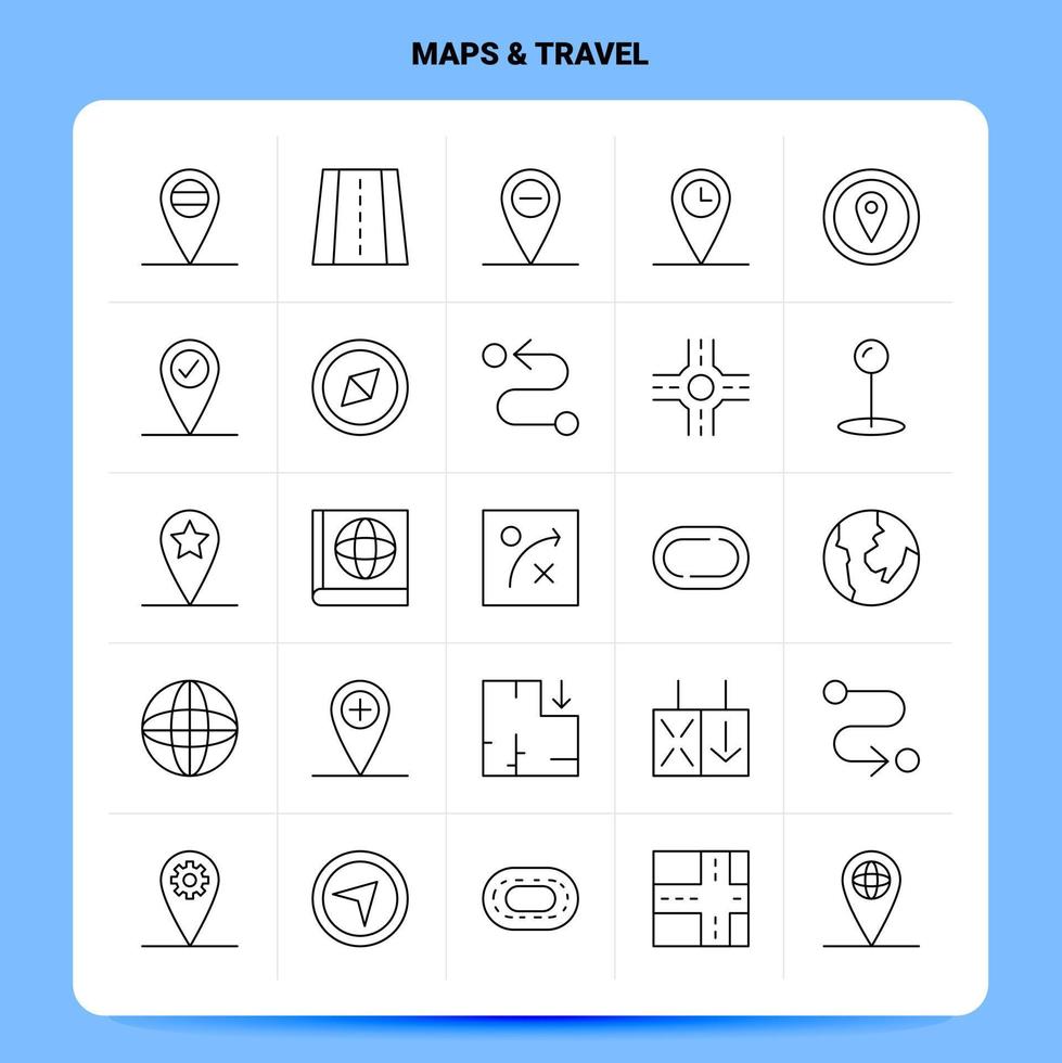 delinear 25 mapas conjunto de ícones de viagem vetor design de estilo de linha ícones pretos conjunto de pictograma linear pacote de ideias de negócios móveis e web design ilustração vetorial