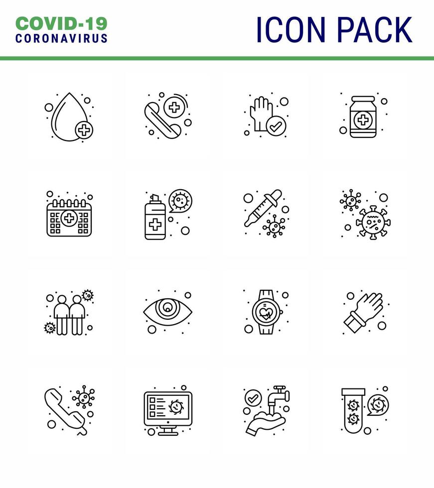 conjunto de ícones de 16 linhas de proteção de coronavírus de proteção covid19, como drogas de forma de mão de saúde de garrafa vírus viral doença de 2019nov vetor elementos de design
