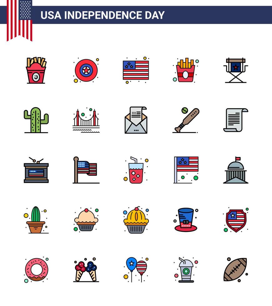 conjunto de 25 ícones do dia dos eua símbolos americanos sinais do dia da independência para filmes de televisão diretor de bandeira batatas fritas editáveis elementos de design do vetor do dia dos eua