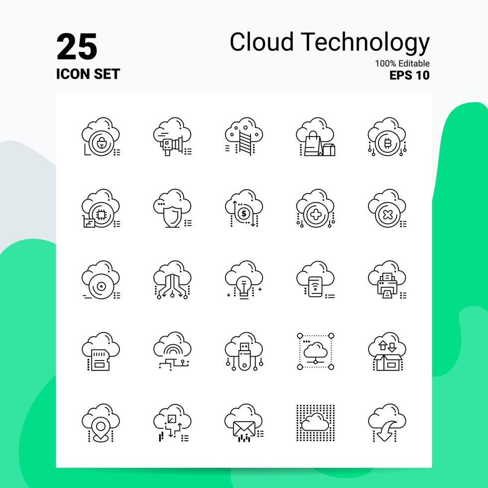 25 conjunto de ícones de tecnologia de nuvem 100 eps editáveis 10 arquivos de conceito de logotipo de negócios ideias de design de ícone de linha vetor