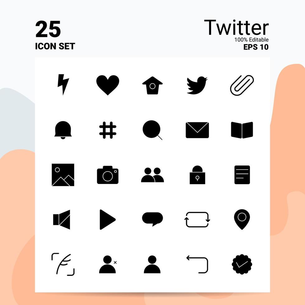 25 conjunto de ícones do twitter 100 eps editáveis 10 arquivos ideias de conceito de logotipo de negócios design de ícone de glifo sólido vetor