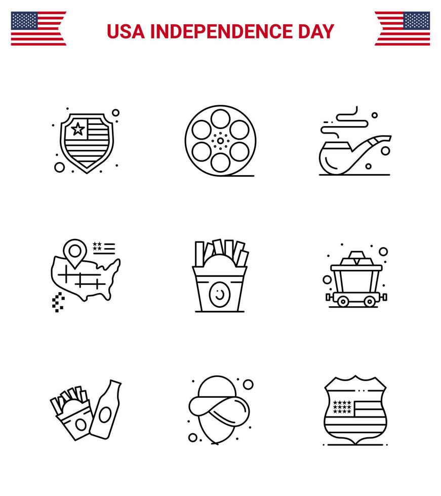 pacote de linha de 9 símbolos do dia da independência dos eua do carrinho comida fumaça fastfood americana editável elementos de design do vetor do dia dos eua