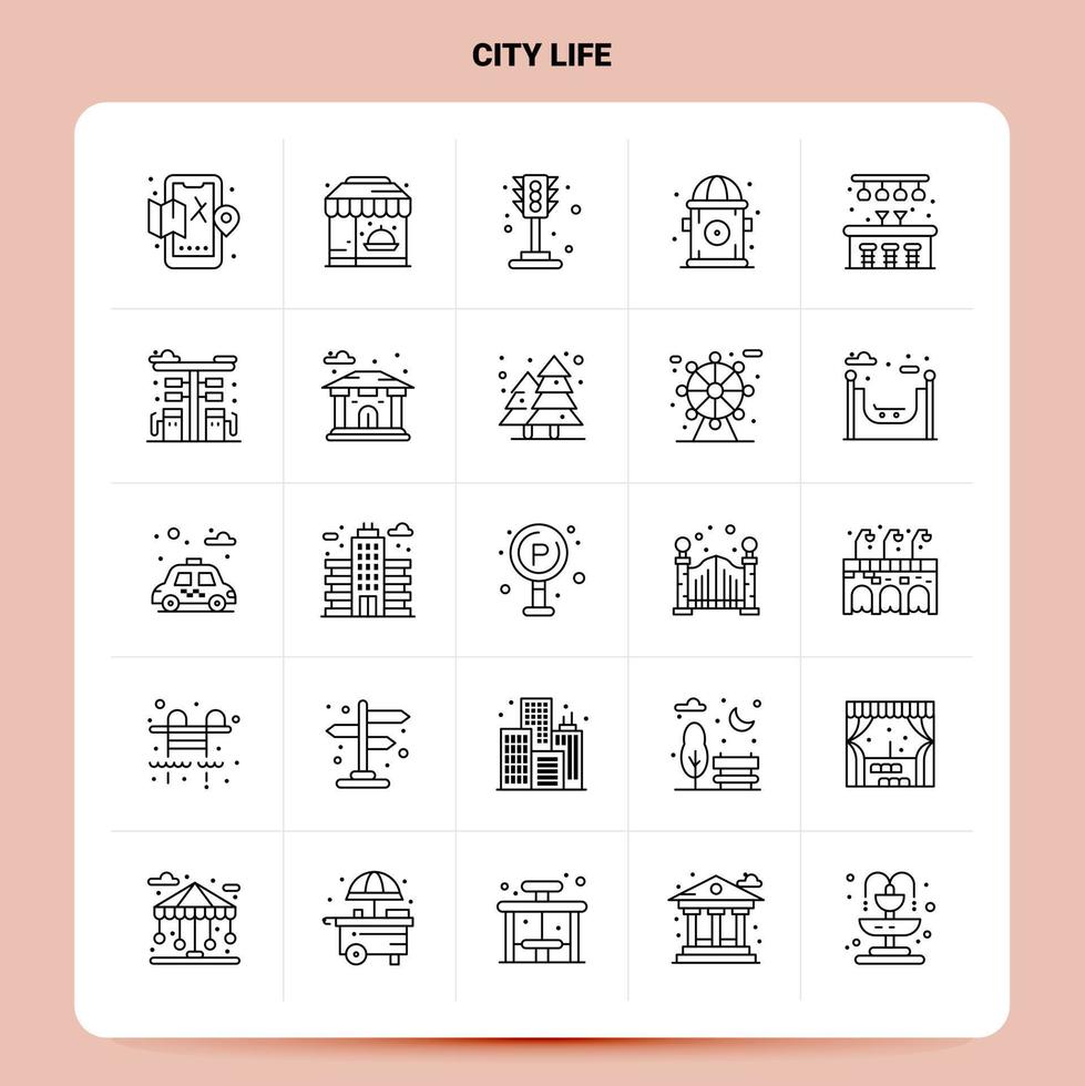 esboço 25 conjunto de ícones da vida da cidade vetor design de estilo de linha ícones pretos conjunto de pictograma linear pacote de ideias de negócios móveis e web design ilustração vetorial