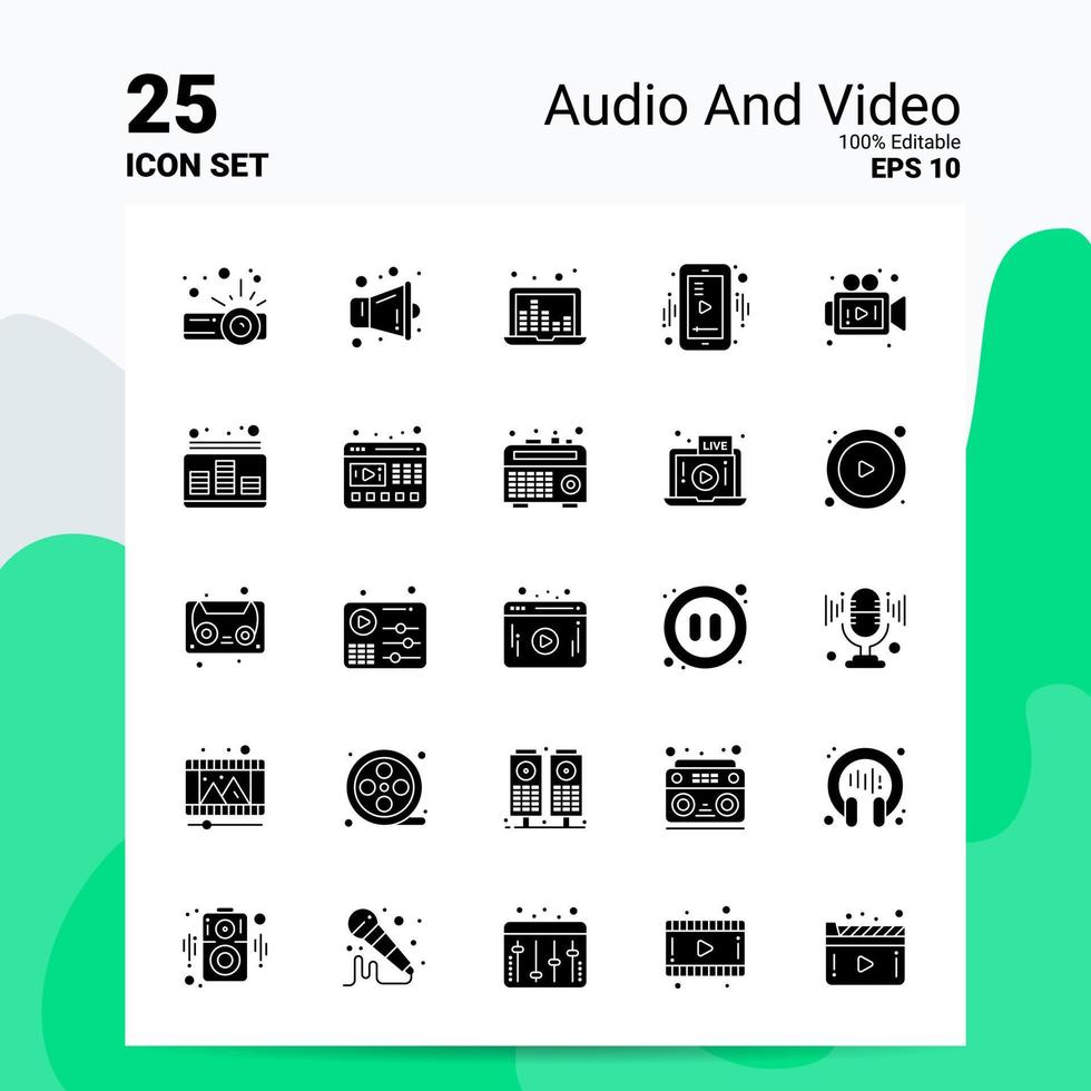 25 conjunto de ícones de áudio e vídeo 100 eps editáveis 10 arquivos idéias de conceito de logotipo de negócios design de ícone de glifo sólido vetor
