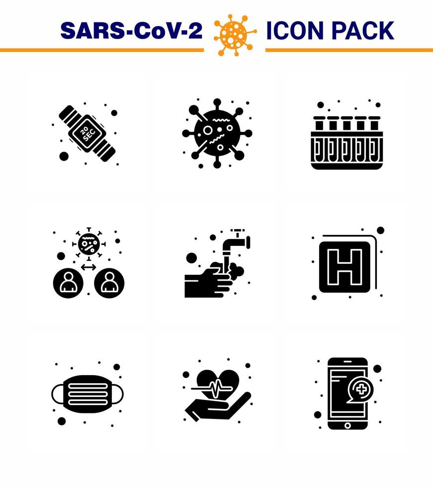 9 glifo sólido conjunto preto de ícones epidêmicos do vírus corona, como química de transmissão de mãos, bactérias virais coronavírus 2019nov elementos de design de vetor de doença