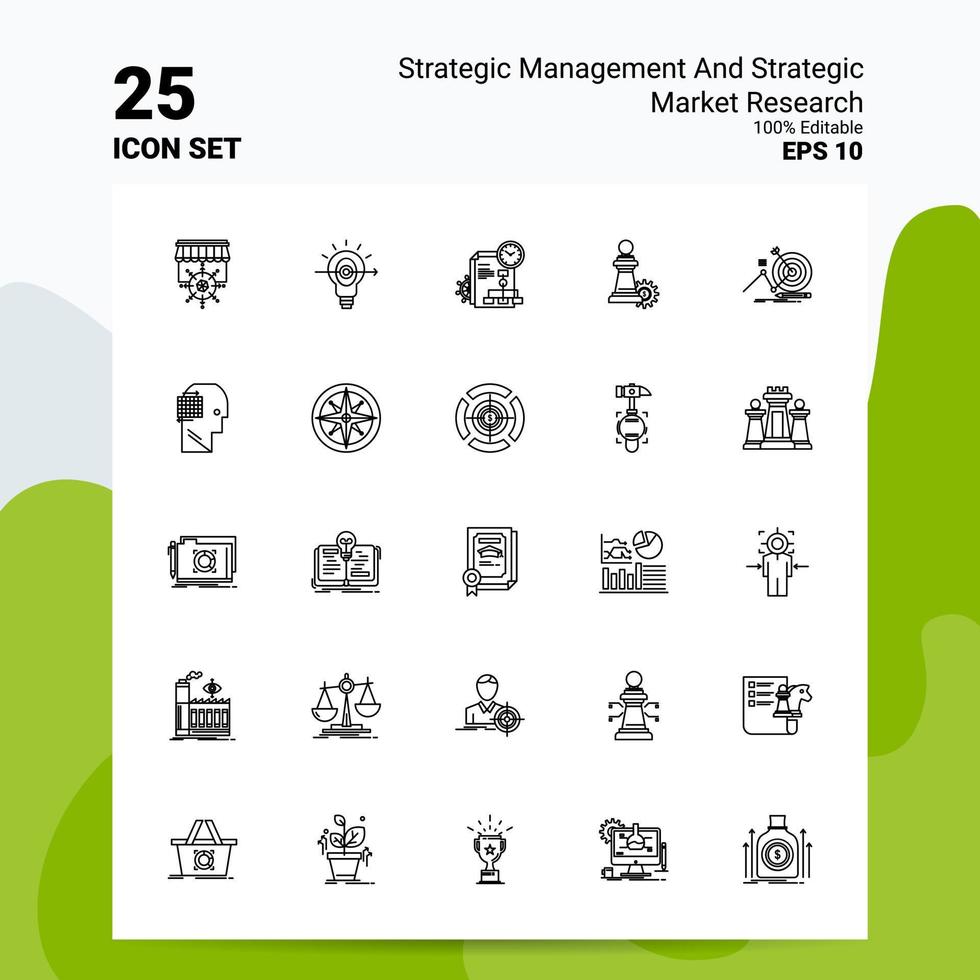 25 gerenciamento estratégico e conjunto de ícones de pesquisa estratégica de mercado 100 eps editáveis 10 arquivos de conceito de logotipo de negócios idéias de design de ícone de linha vetor