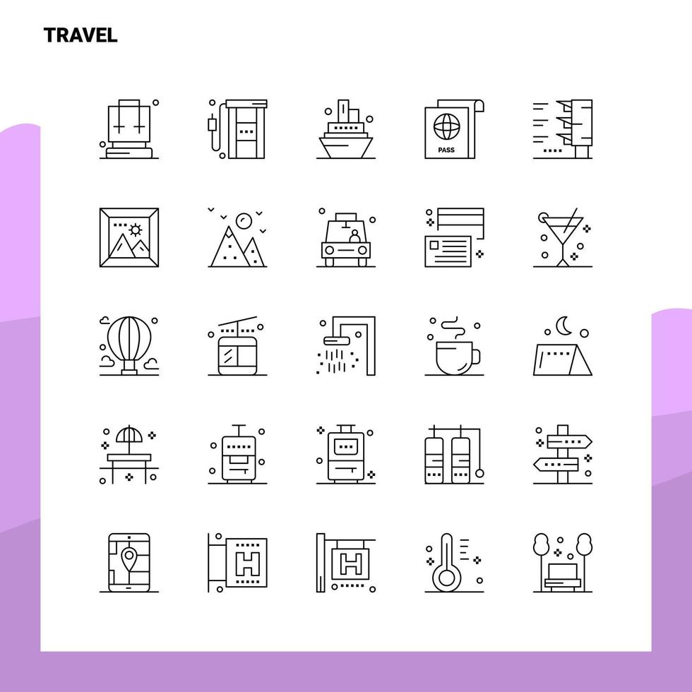 conjunto de ícones de linha de viagem conjunto 25 ícones vetor design de estilo minimalista ícones pretos conjunto de pacote de pictograma linear