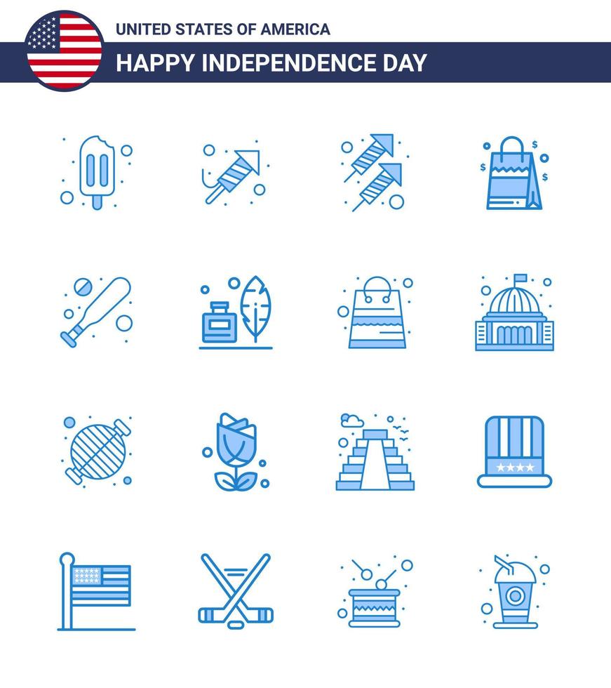 dia da independência dos eua azul conjunto de 16 pictogramas dos eua de bola dura beisebol fogo bolsa americana editável dia dos eua vetor elementos de design