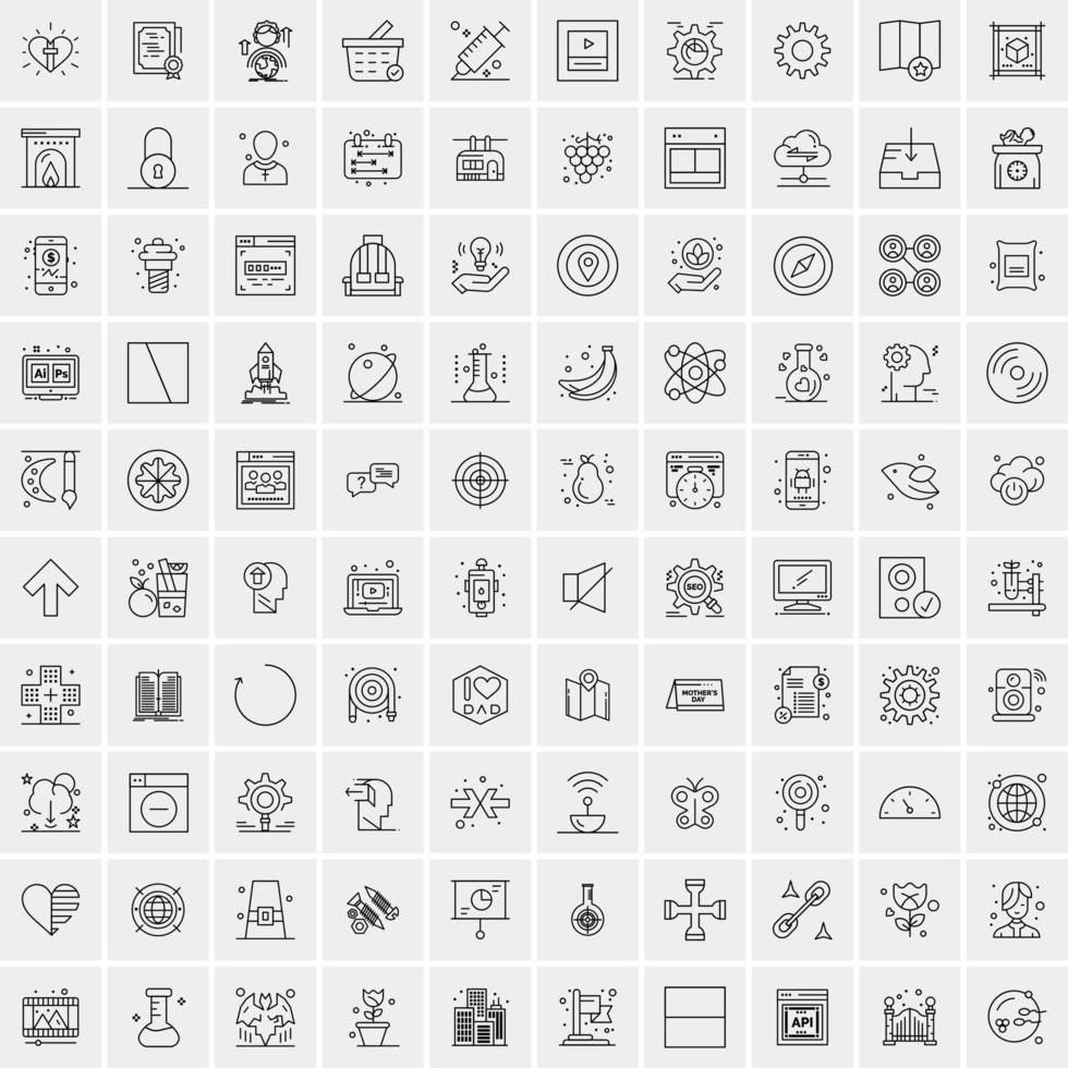 100 ícones universais de linha preta em fundo branco vetor