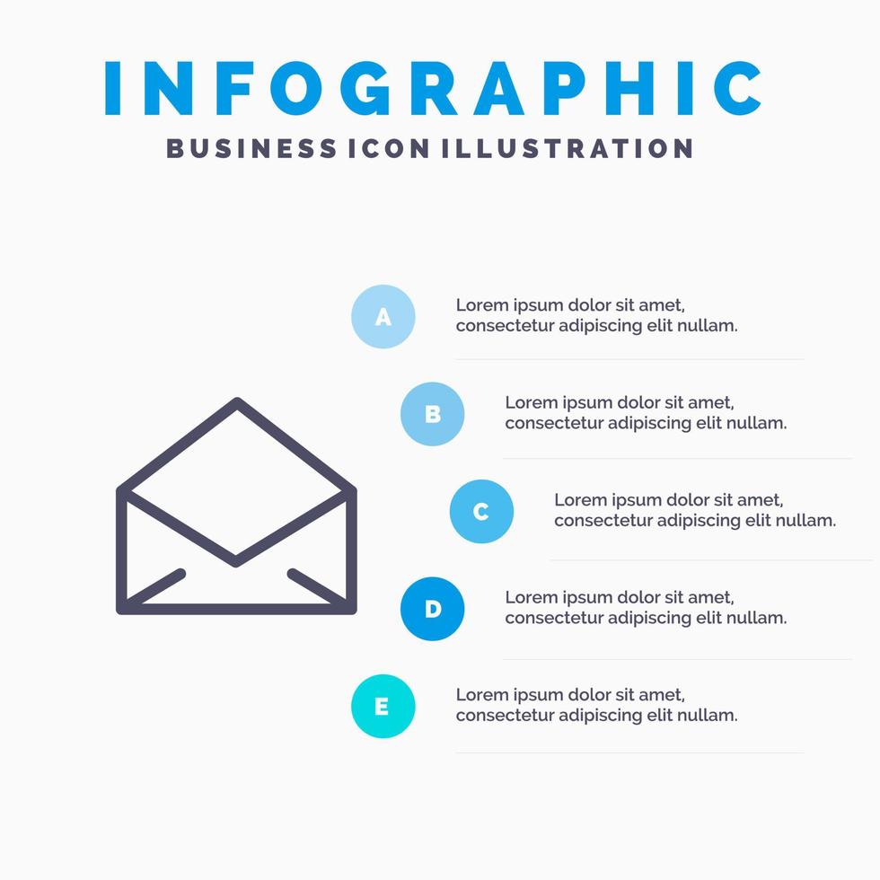 ícone de linha aberta de mensagem de correio de e-mail com fundo de infográficos de apresentação de 5 etapas vetor