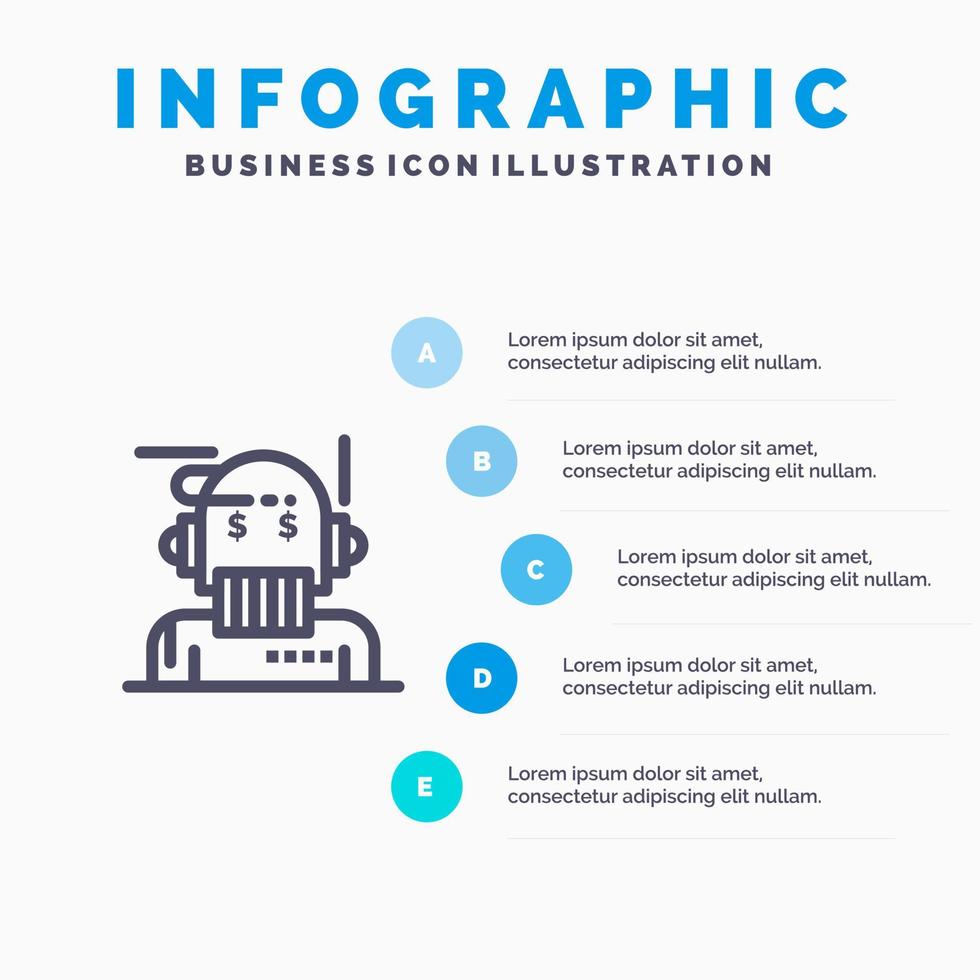 ícone de linha de analista de algoritmo de consultor de consultor de robô com fundo de infográficos de apresentação de 5 etapas vetor