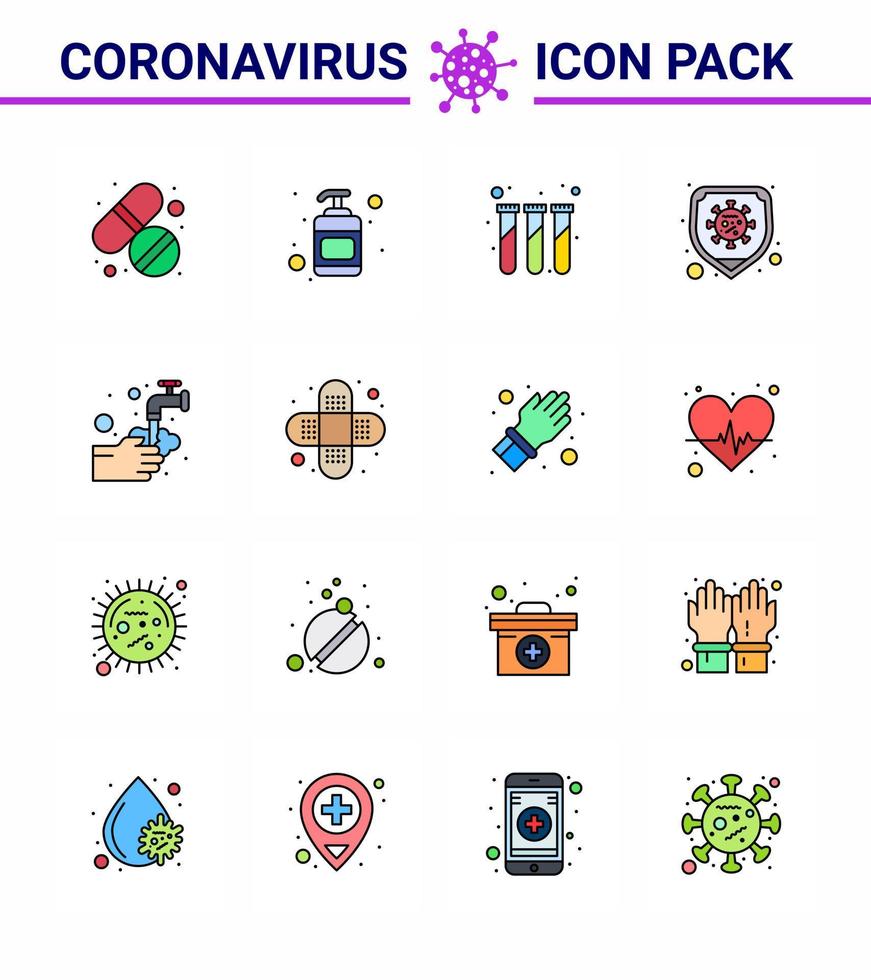 Pacote de ícones de 16 linhas cheias de cores planas coronavírus covid19, como lavar as mãos laboratório vírus segurança viral coronavírus 2019nov elementos de design de vetor de doença