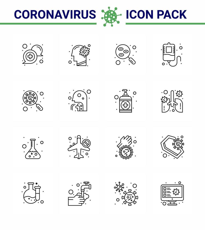 ícone de linha de 16 coronavírus definido sobre o tema da epidemia de corona contém ícones como pesquisa de teste de vírus de sangue de doação viral coronavírus 2019nov elementos de design de vetor de doença