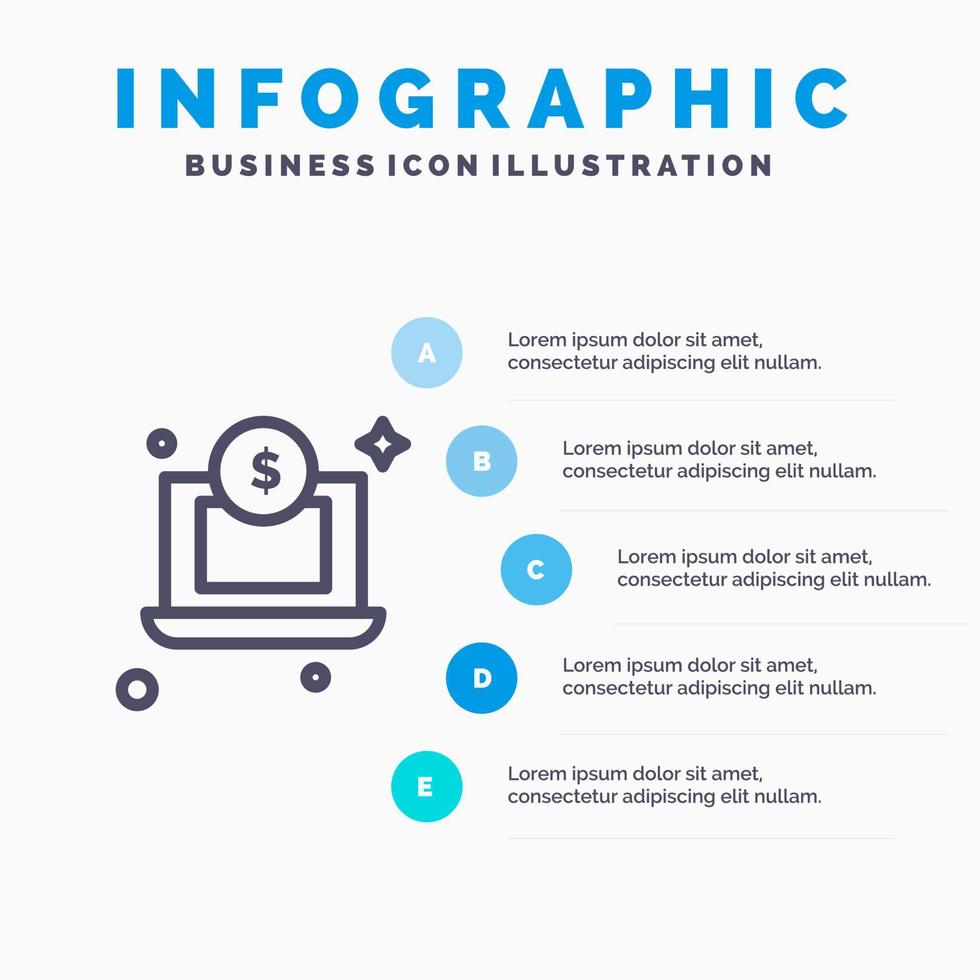 ícone de linha de dinheiro de dólar de laptop com fundo de infográficos de apresentação de 5 etapas vetor