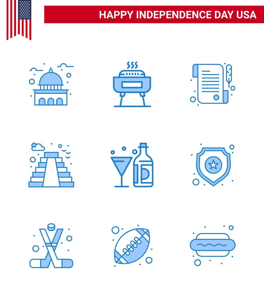 pacote azul com 9 símbolos do dia da independência dos eua de vinho marco de férias dos eua americano editável elementos de design do vetor do dia dos eua