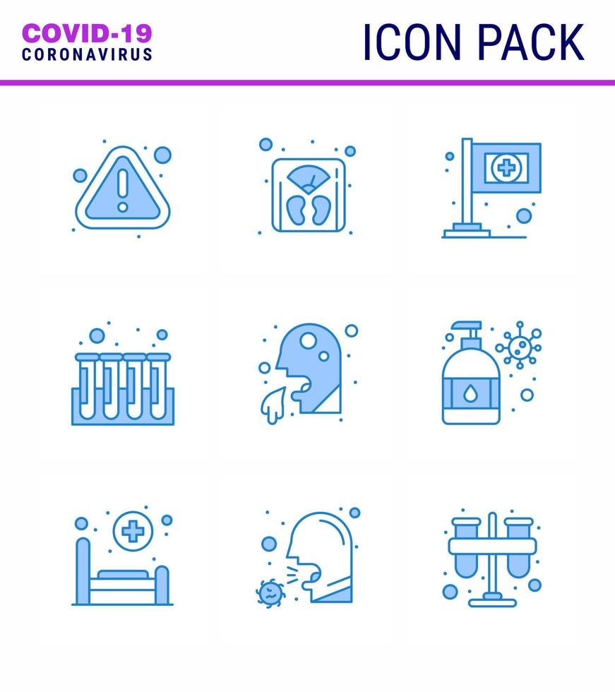 conjunto de ícones de prevenção de coronavírus 9 ícone azul, como tubos de assistência a vômitos de saúde, experimento de elementos de design de vetor de doença de coronavírus viral 2019nov