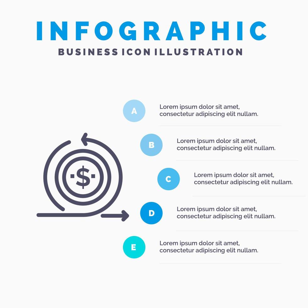 investimento empresarial moderno no ícone da linha de retorno com fundo de infográficos de apresentação de 5 etapas vetor