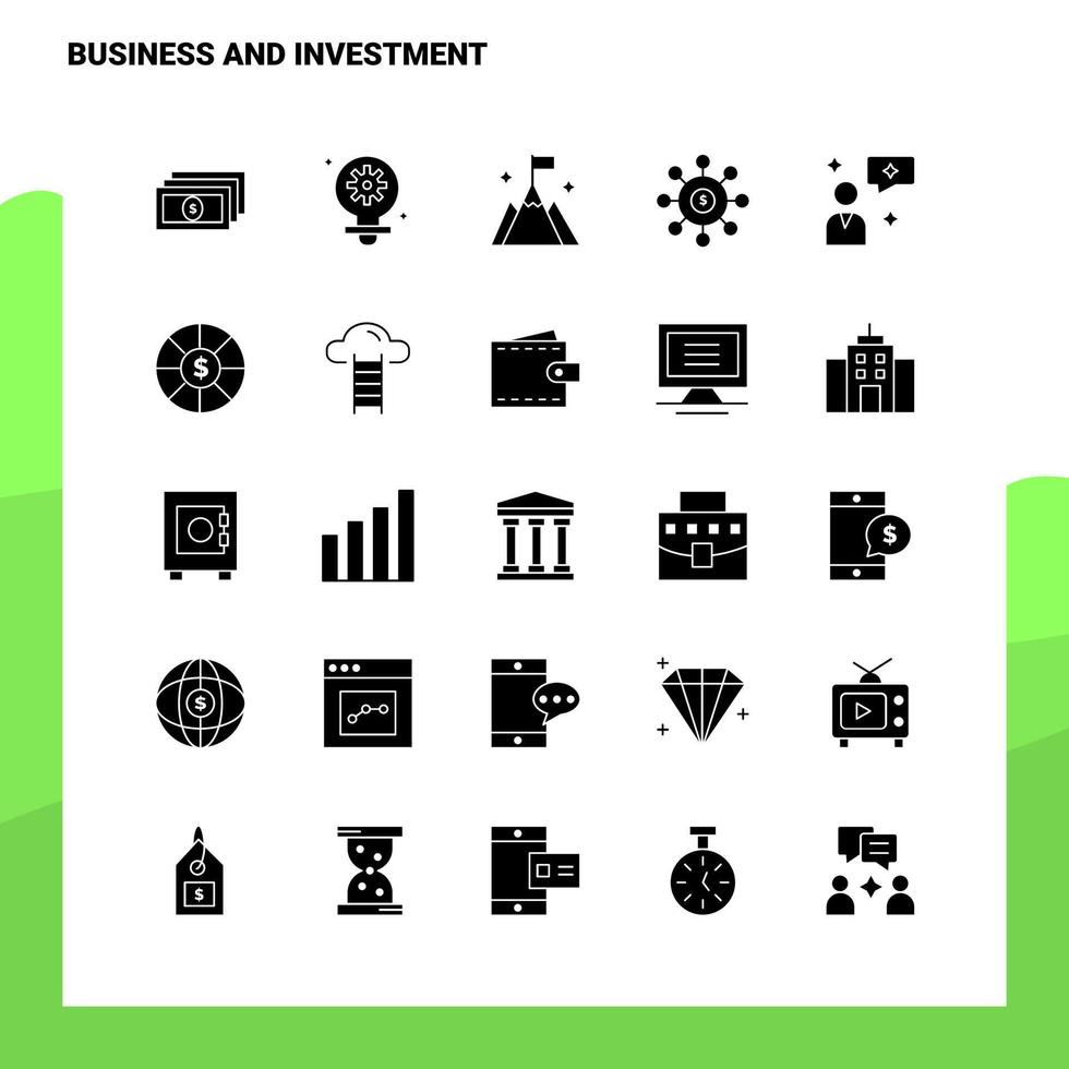 25 conjunto de ícones de negócios e investimentos modelo de ilustração vetorial de ícone de glifo sólido para web e ideias móveis para empresa de negócios vetor