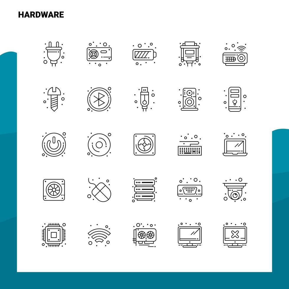 conjunto de ícones de linha de hardware conjunto 25 ícones vetor design de estilo minimalista ícones pretos conjunto de pictograma linear pacote