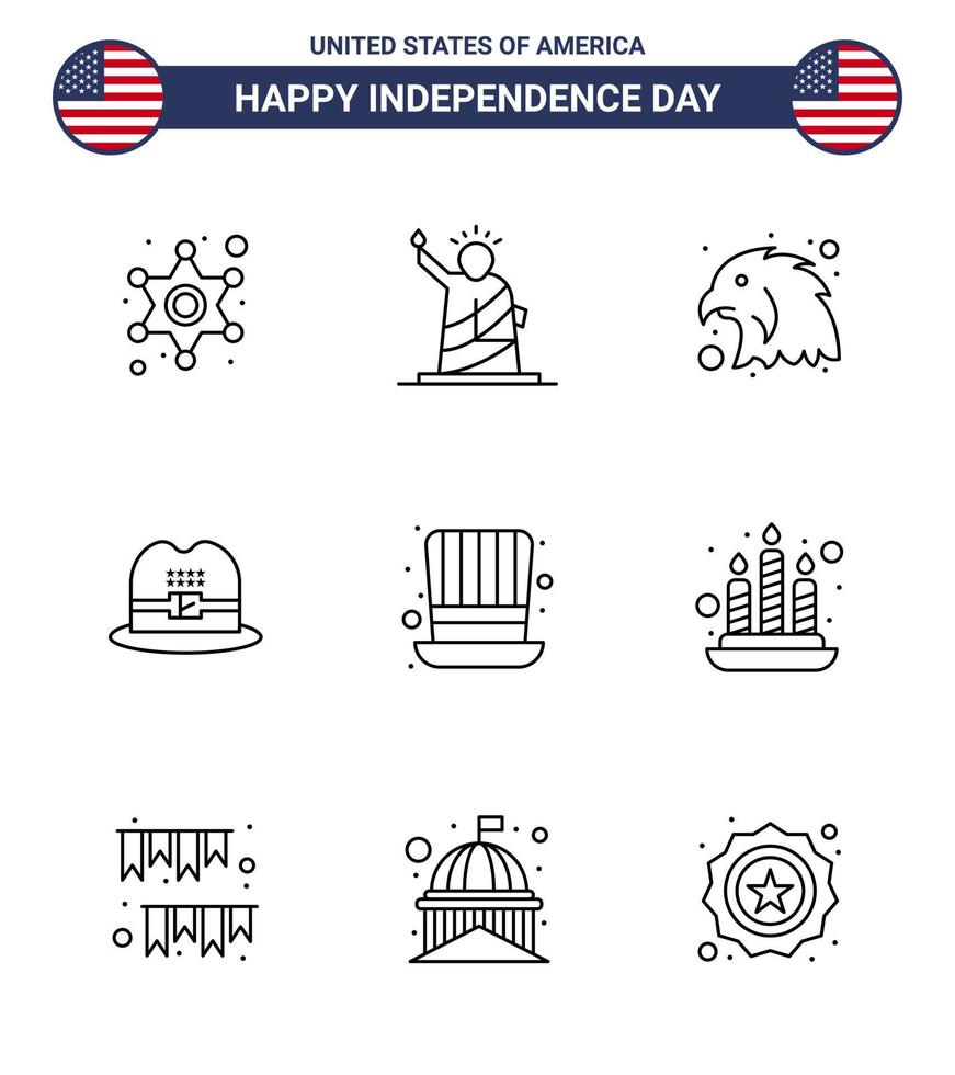 9 sinais de linha dos eua símbolos de celebração do dia da independência do dia dos presidentes chapéu americano dos eua editável elementos de design do vetor do dia dos eua