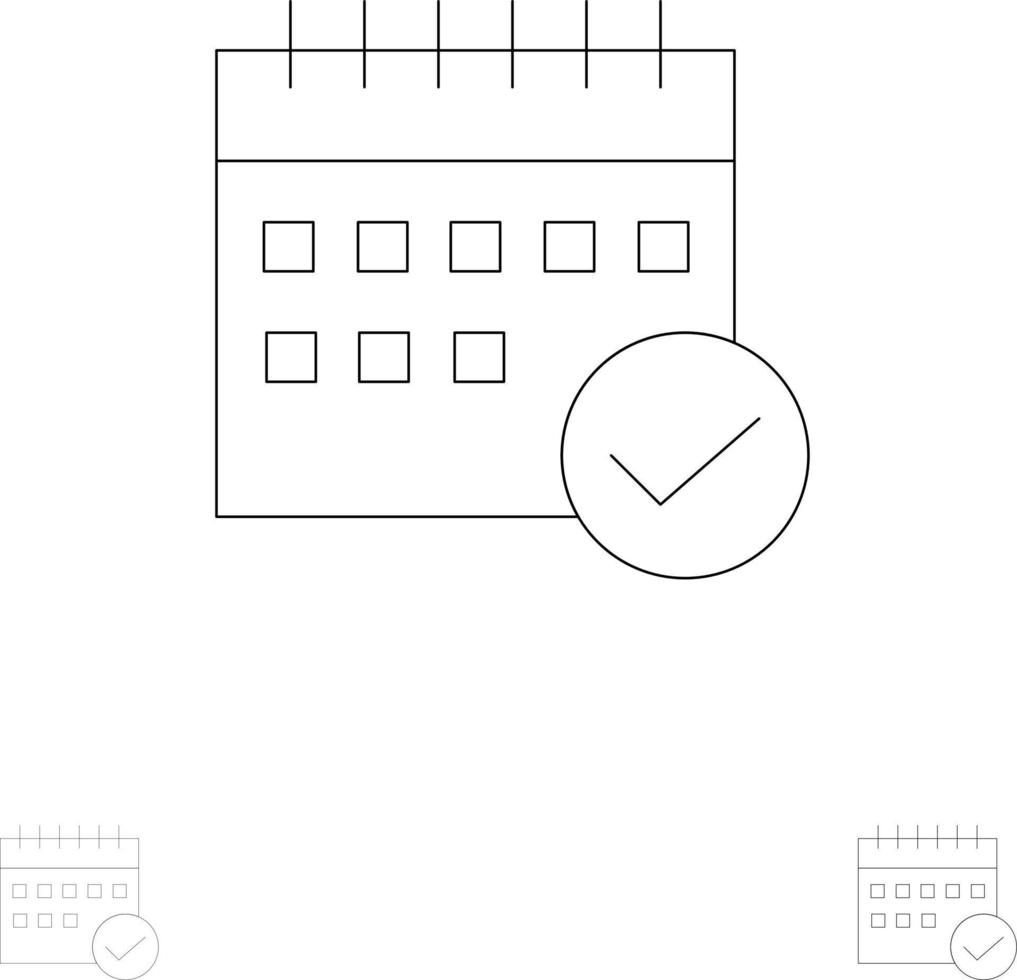 agendar plano de eventos de calendário de negócios aprovado planejamento conjunto de ícones de linha preta em negrito e fino vetor