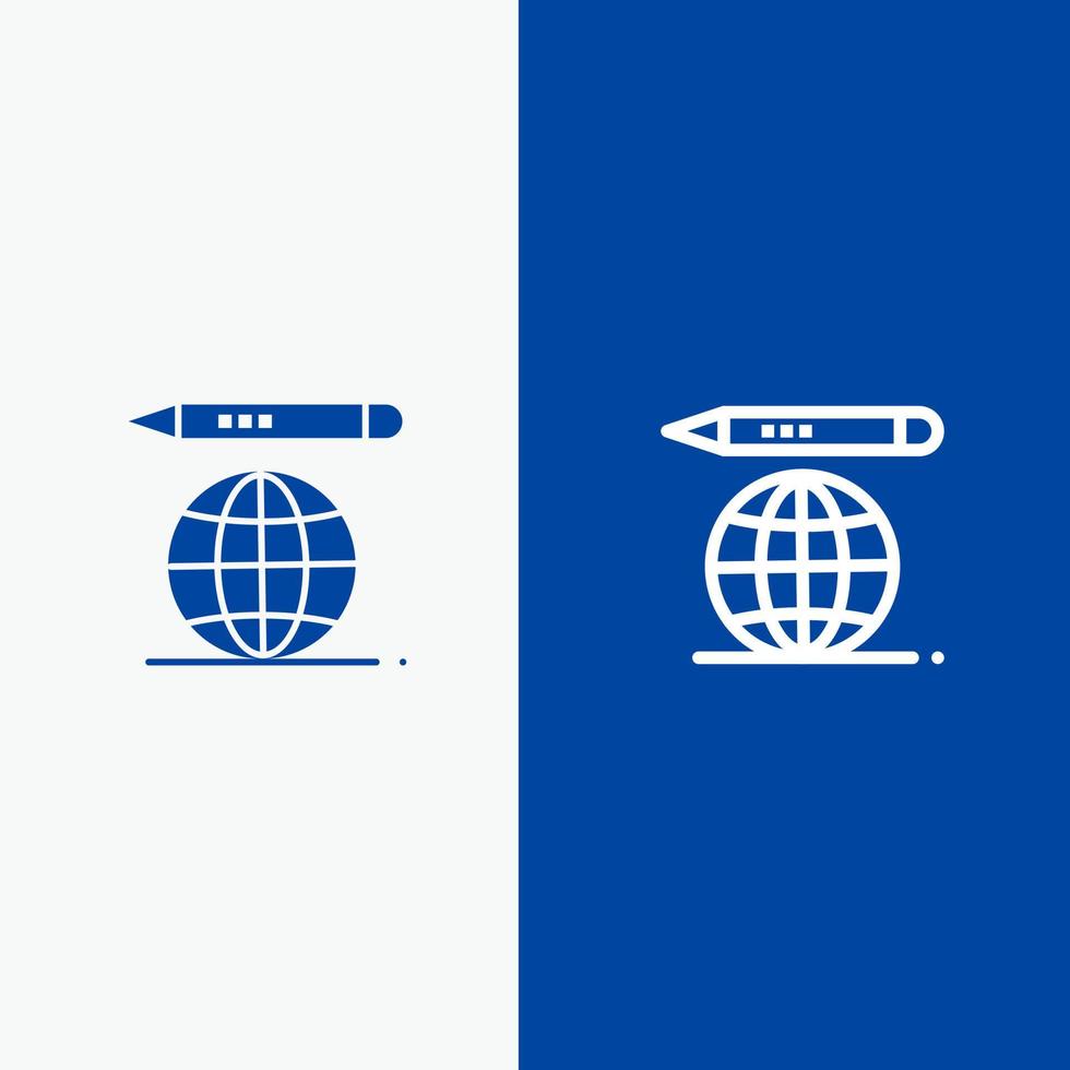 mundo educação globo linha de lápis e glifo ícone sólido azul bandeira vetor
