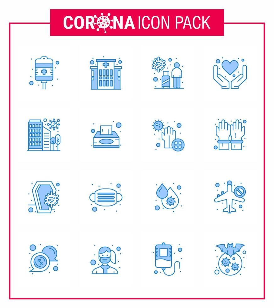 16 conjunto azul de ícones epidêmicos do vírus corona, como cuidados de saúde da cidade, cuidados com o coração, coronavírus viral, elementos de design do vetor da doença de 2019nov