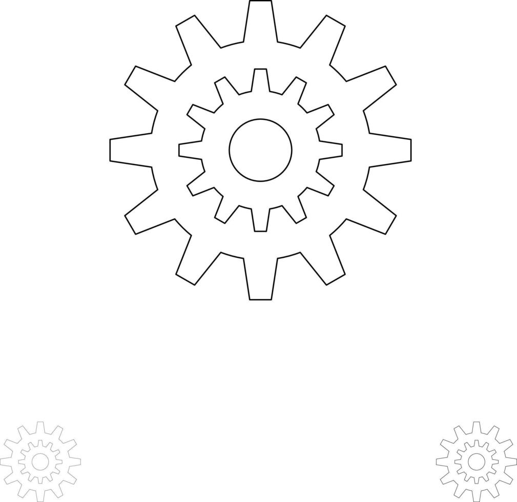 configurações do sistema de produção de engrenagens roda dentada trabalho em negrito e conjunto de ícones de linha preta fina vetor