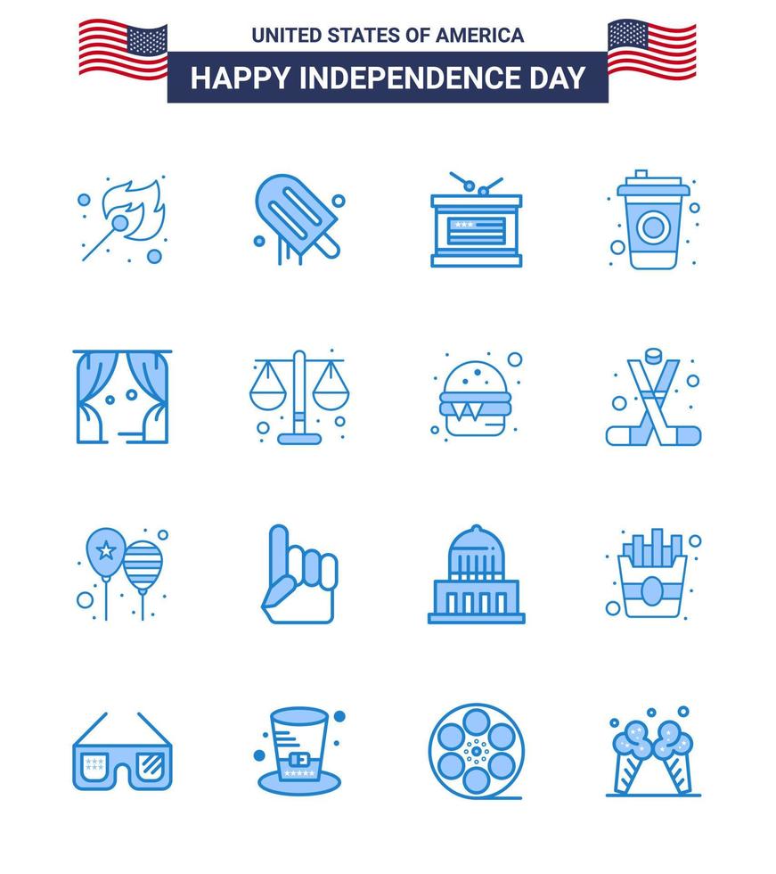 feliz dia da independência dos eua conjunto de pictogramas de 16 blues simples de teatro entretenimento tambor bebida garrafa editável dia dos eua vetor elementos de design