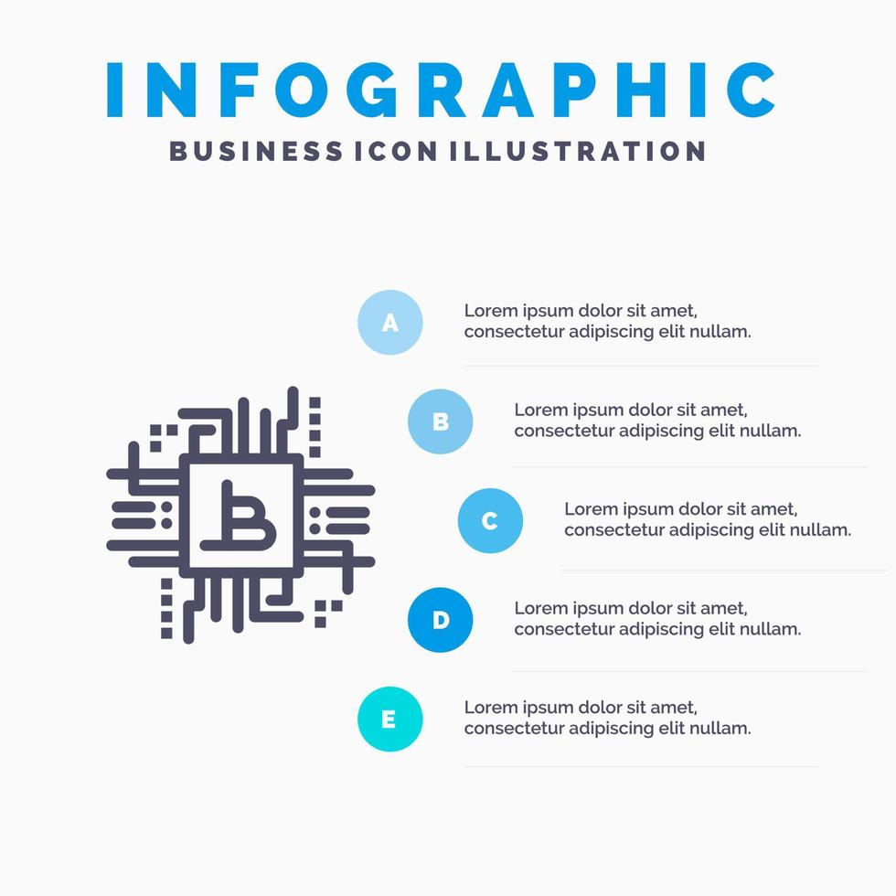 ícone da linha de finanças do computador bitcoin da indústria monetária com fundo de infográficos de apresentação de 5 etapas vetor