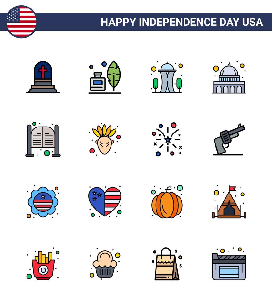 feliz dia da independência 4 de julho conjunto de 16 linhas planas preenchidas pictograma americano de portas wisconsin edifício capitólio dos eua editável dia dos eua vetor elementos de design