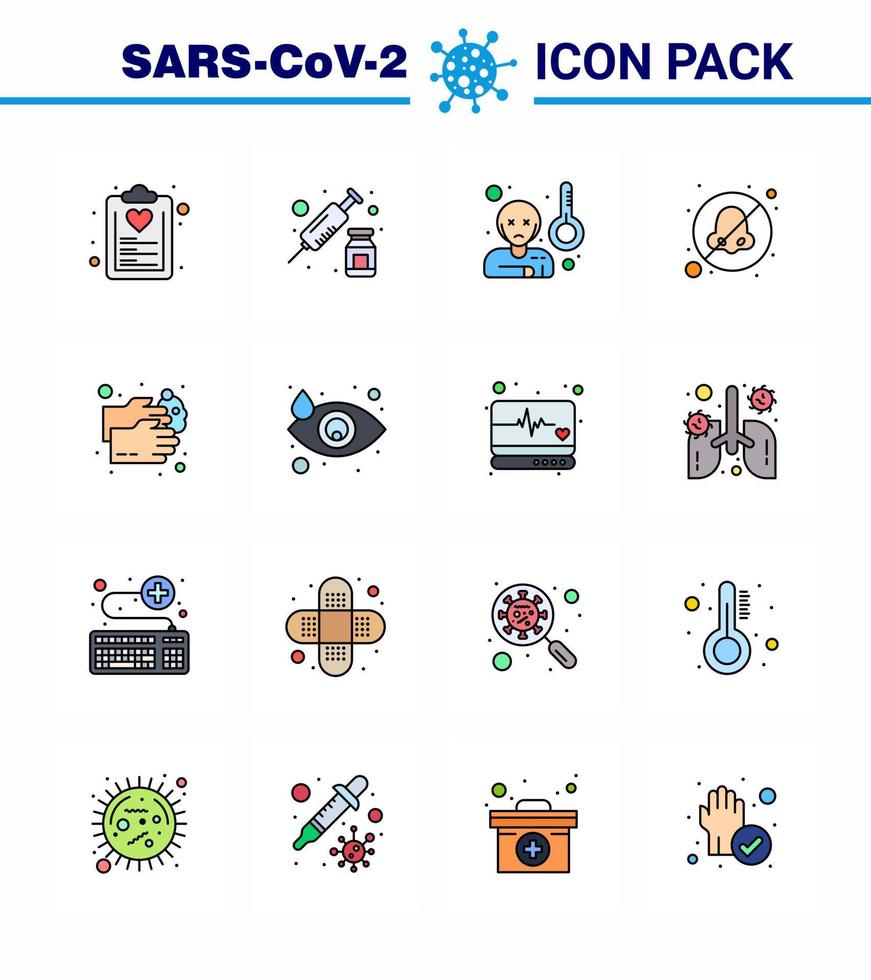 ícone de dicas de precaução de coronavírus para apresentação de diretrizes de saúde 16 pacote de ícones de linha cheia de cores planas, como lavagem das mãos vacina otorrinolaringologista temperatura nasal coronavírus viral 2019nov di vetor