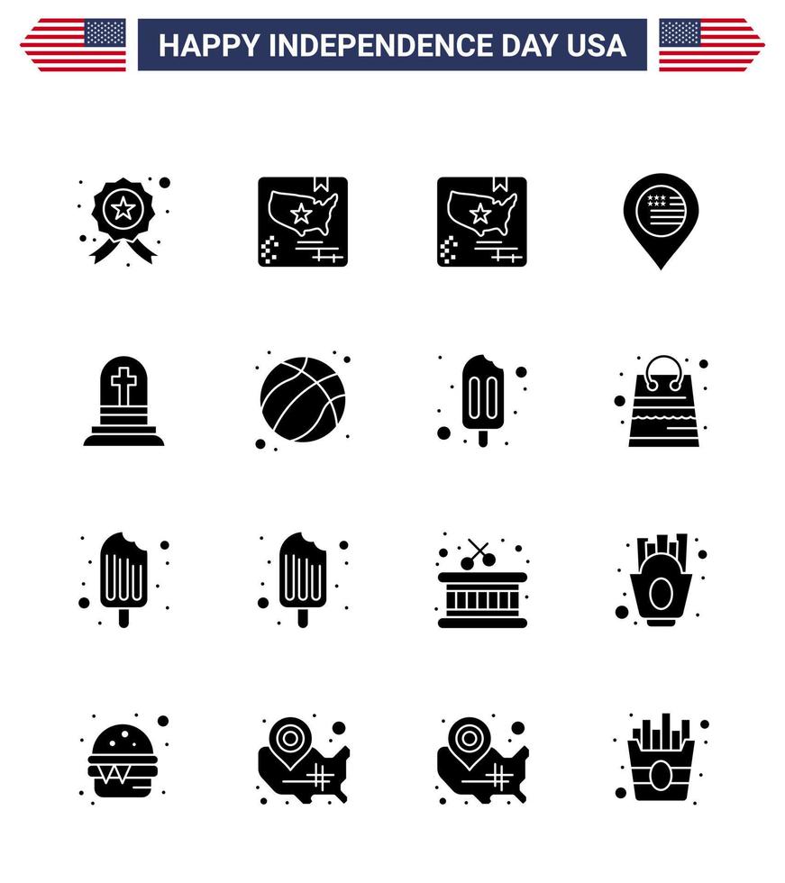 4 de julho eua feliz dia da independência ícone símbolos grupo de 16 glifos sólidos modernos de rasgo de bola lápide americana morte editável dia dos eua vetor elementos de design