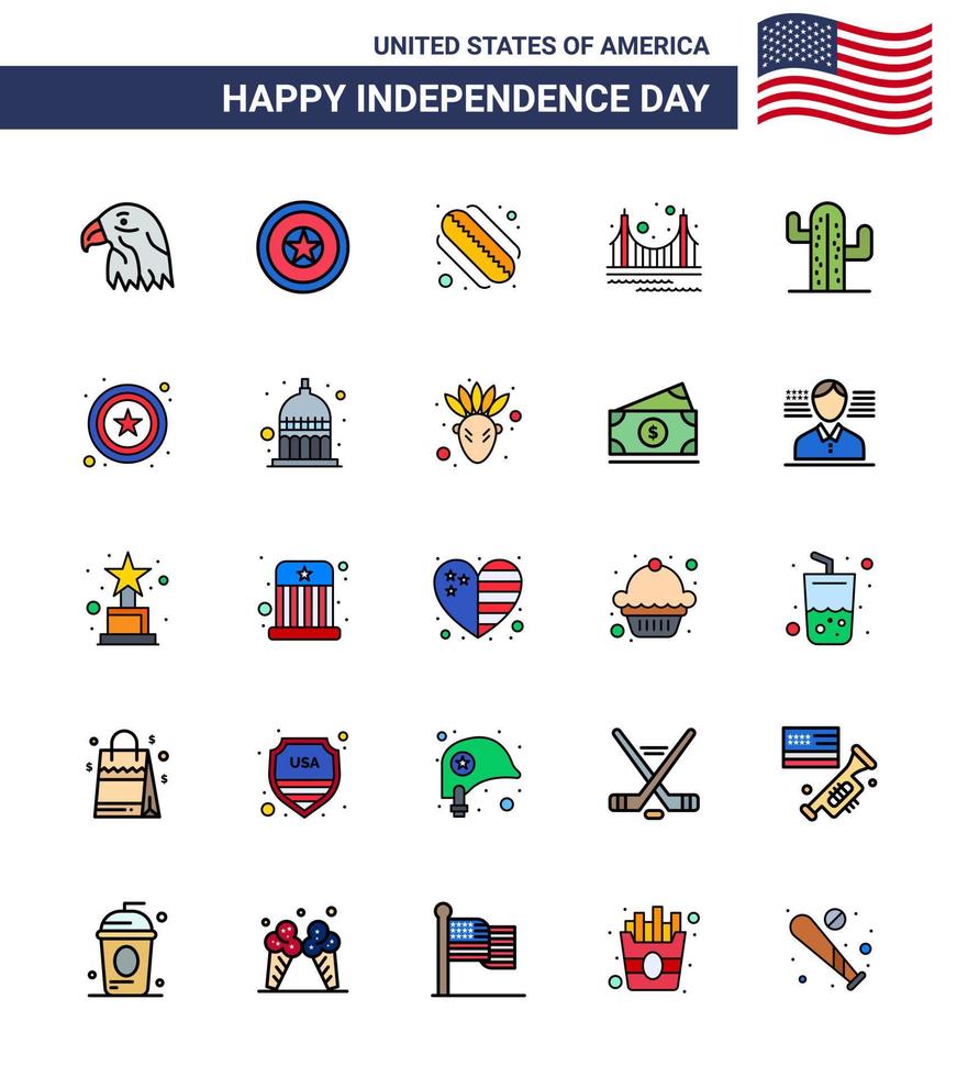 feliz dia da independência eua pacote de 25 linhas planas criativas cheias de eua turismo americano marco portão editável dia eua vetor elementos de design